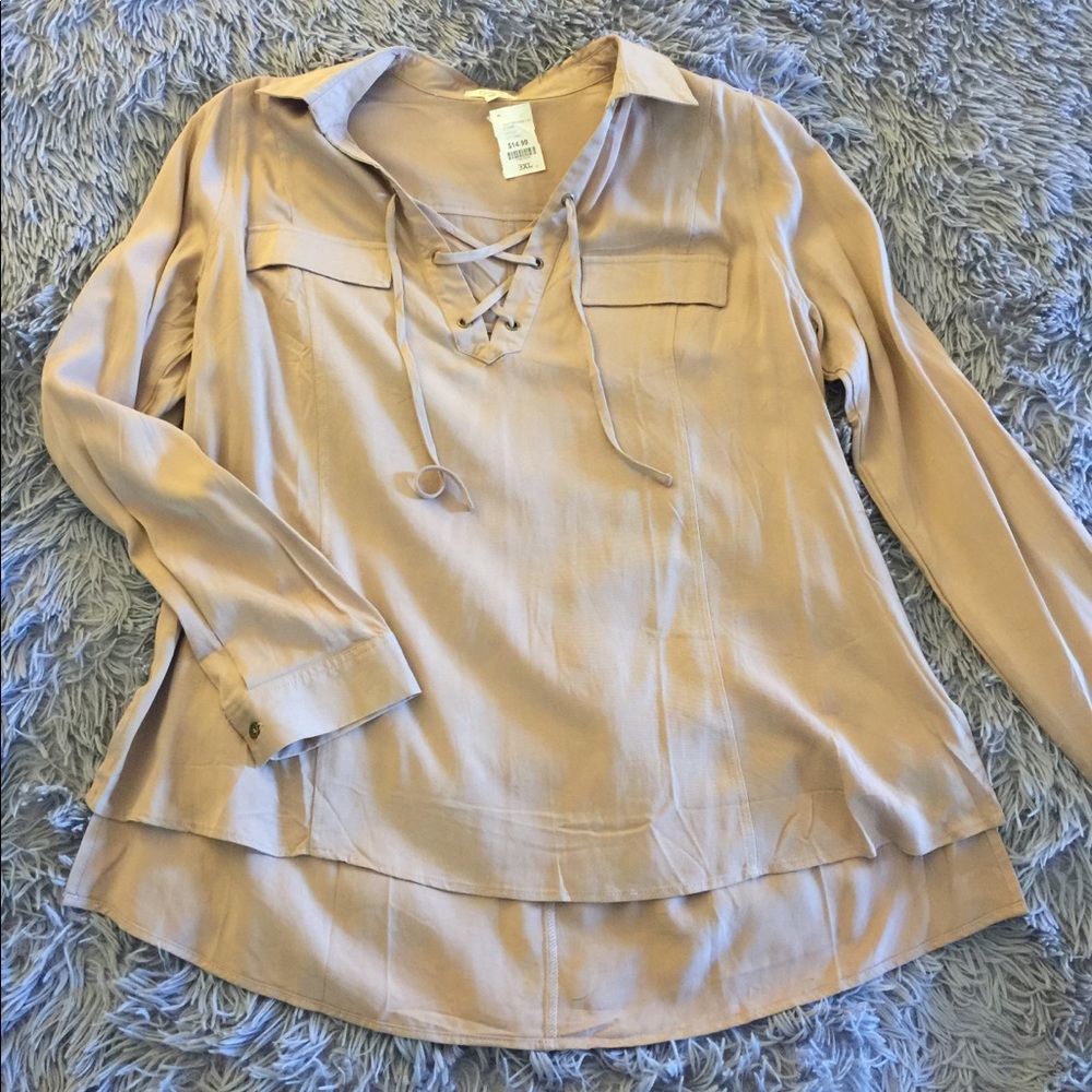 Khaki Lace Up Blouse NWT